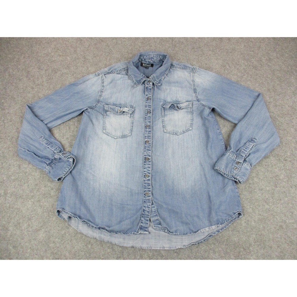 Buffalo David Bitton Shirt Women Medium Blue Denim Button Up Lightweight Lyocell